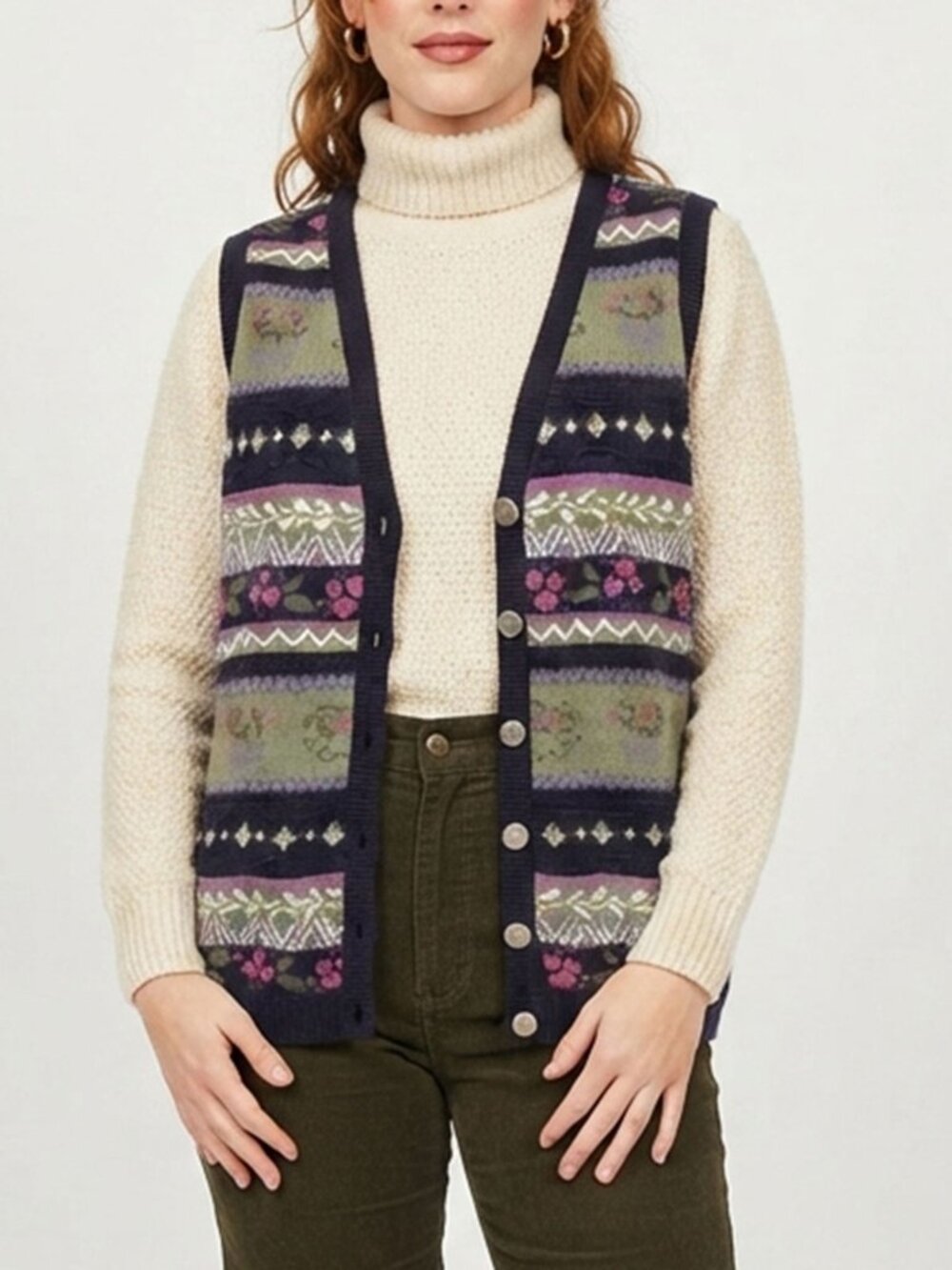 Vintage 90s Northern Reflections Floral Knit Button Up Sweater Vest Medium - Picture 4 of 10